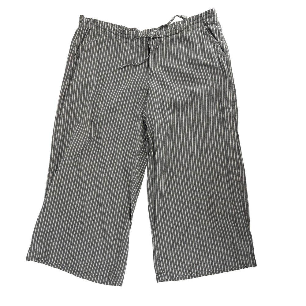 Just Living Striped Wide Leg‎ Pants Womens L Grey Linen Blend Drawstring